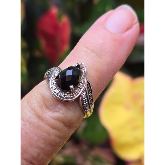 Vintage Solid Sterling Silver Emerald Cut Teardrop/Pear Black Onyx Ring, Sz 6.75 - Picture 5 of 8